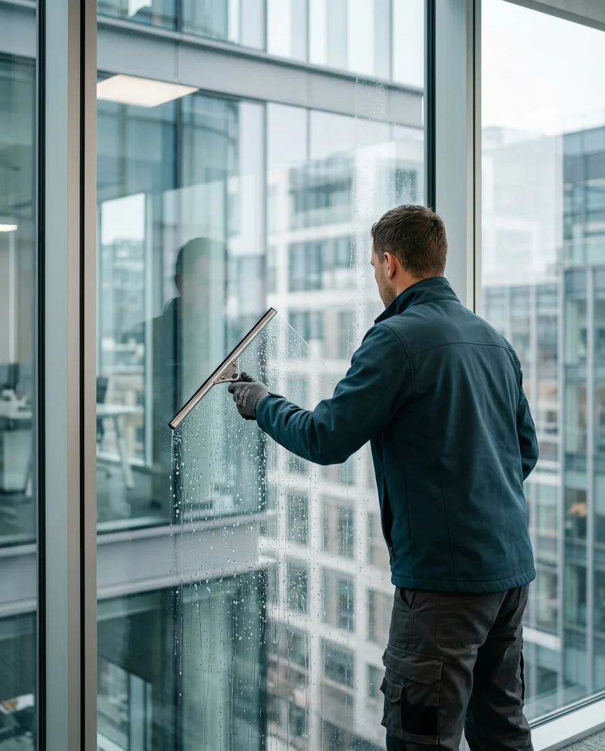 Professionelle Glasreinigung an einer Bürogebäude-Fassade